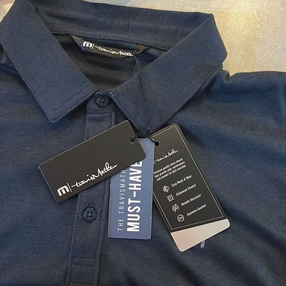 Travis Matthew Navy Blue Tiny Striped Short Sleeve Polo with Side Slits- Medium - Picture 14 of 16